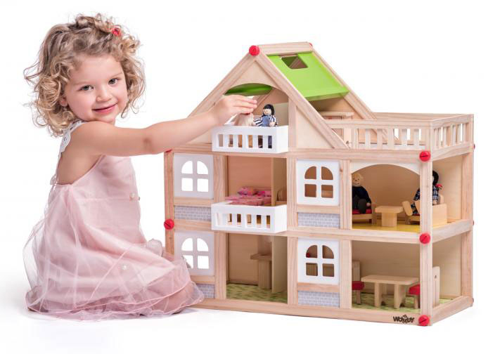 Drvena kućica na sprat, sa lutkama i nameštajem Woodyland - dodatni pogled
