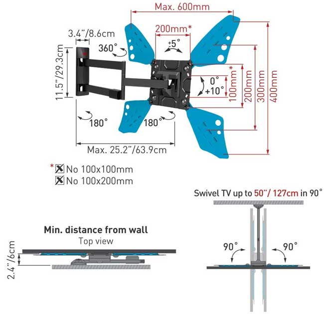 Zglobni zidni nosač za televizore dijagonale do 65 inča Barkan 3400L.B - dodatni pogled