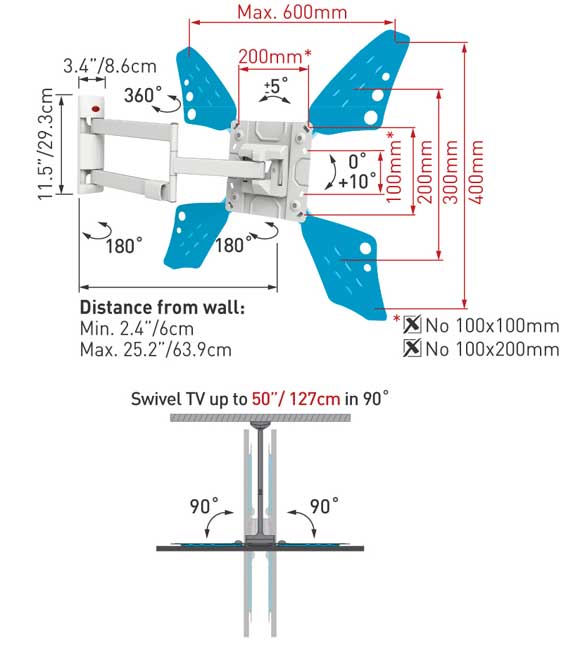 Zglobni zidni nosač za televizore dijagonale do 70 inča Barkan 3400LW.W - dodatni pogled
