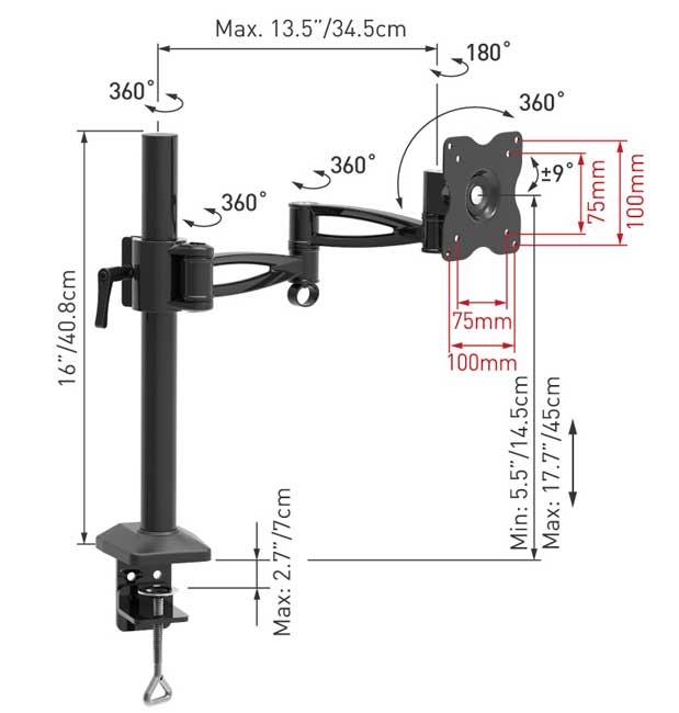 Stoni zglobni nosač za monitor dijagonale do 29 inča Barkan E621.B - dodatni pogled