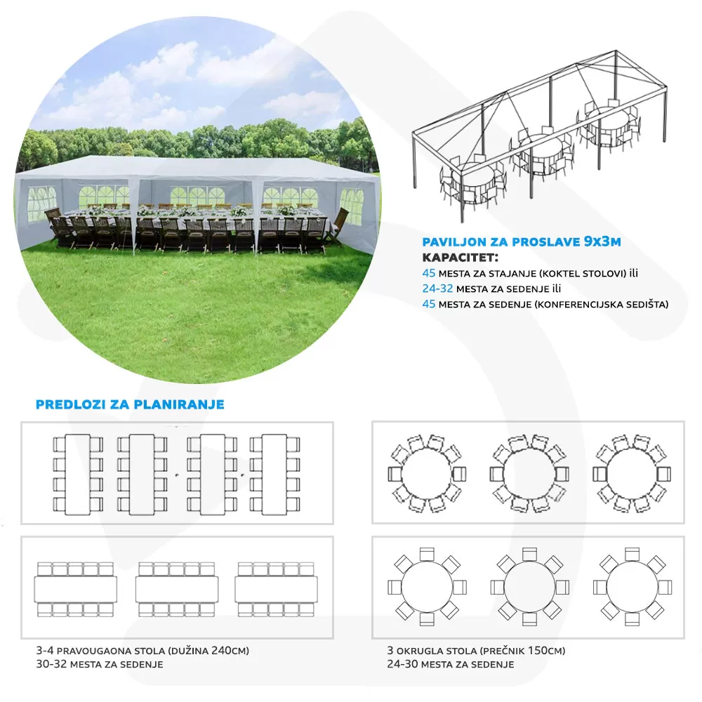 Veliki Paviljon - Šator Za Proslave 9x3 m Sa 8 Bočnih Strana