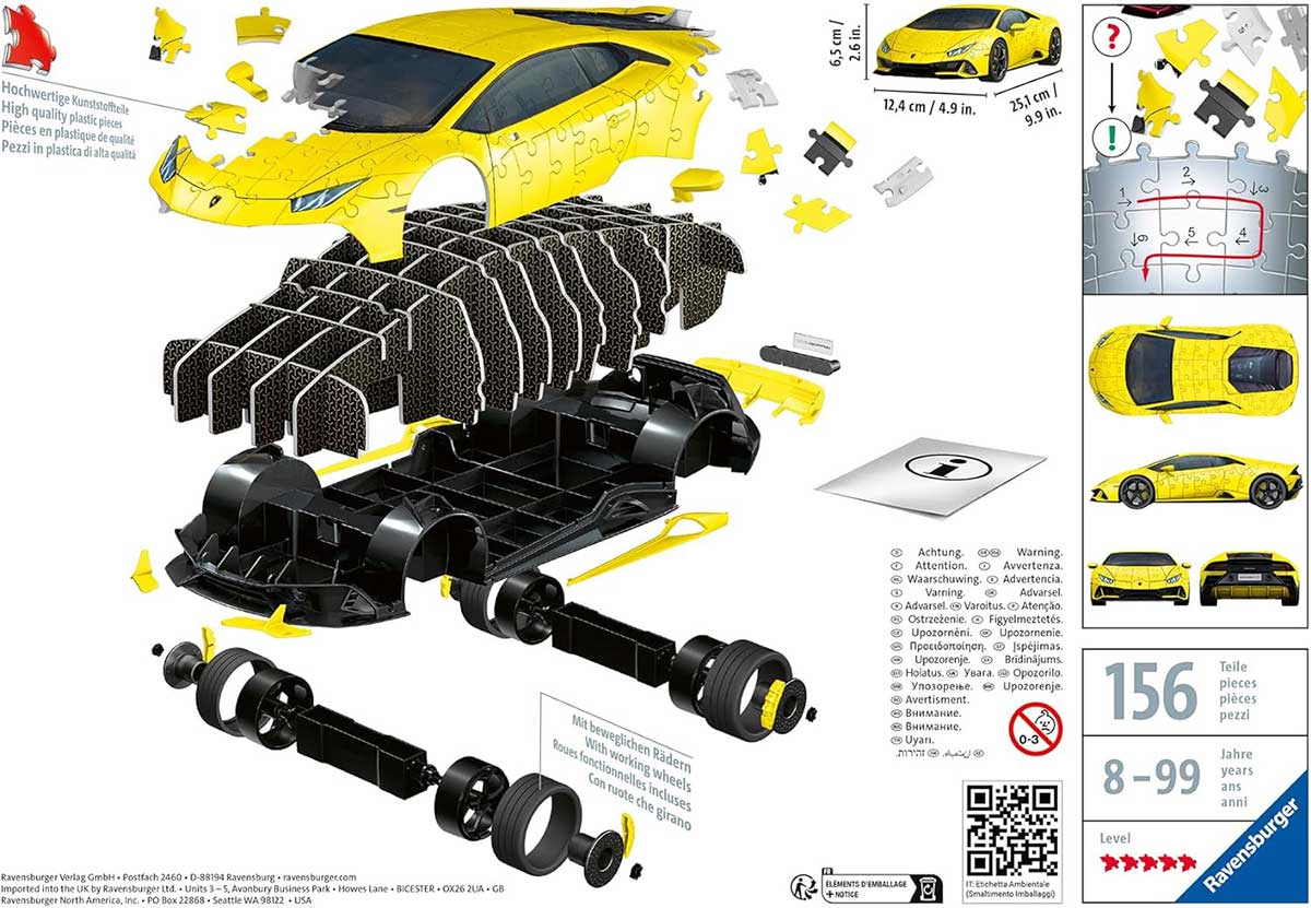 Automobil Lamborghini Huracan žuti 3D Puzzle 156 delova Ravensburger 11562 - dodatni pogled