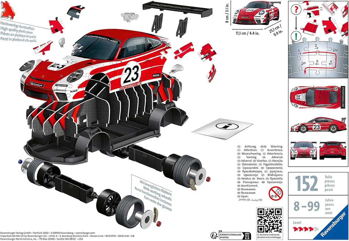 Automobil Porsche 911 GT3 Cup Salzburg Design 3D Puzzle 152 dela Ravensburger 11558 - dodatni pogled