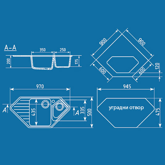 Granitna ugaona dupla sudopera sa sifonom Ulgran U409 grafit - dodatni pogled