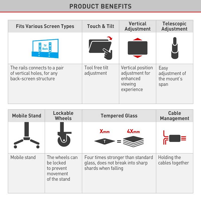 Podesivi, Pokretni Nosač Televizora Sa 2 Police Barkan Premium - detalj