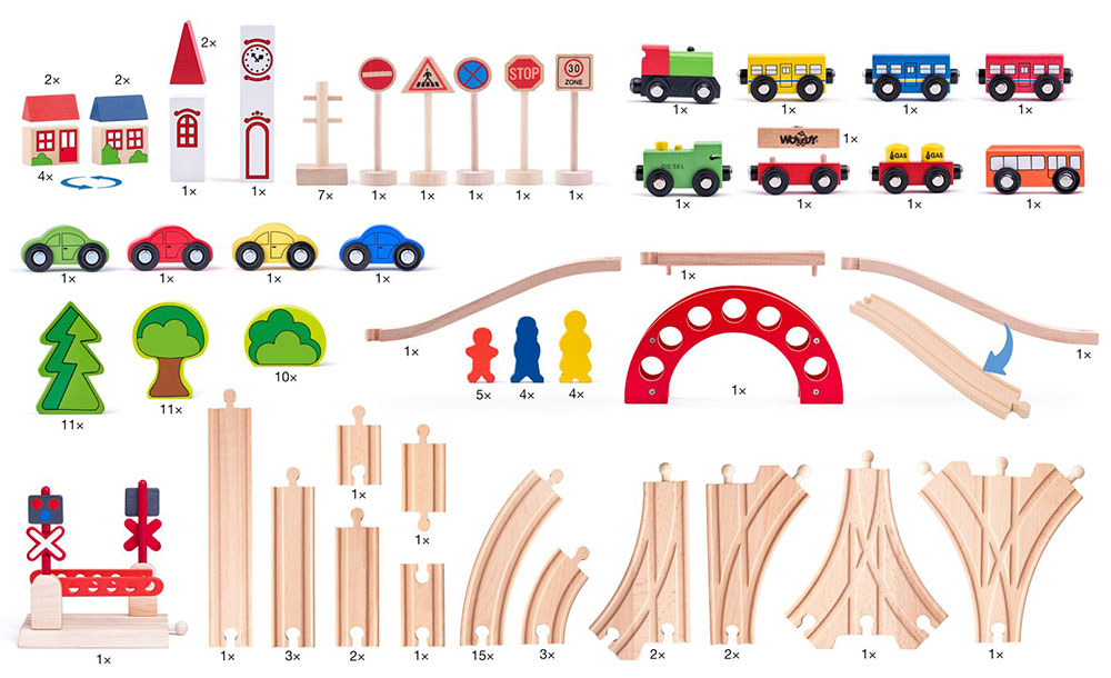 WOODY Velika drvena pruga sa vozovima i dodacima 120 delova Maxi 93063 - detalj