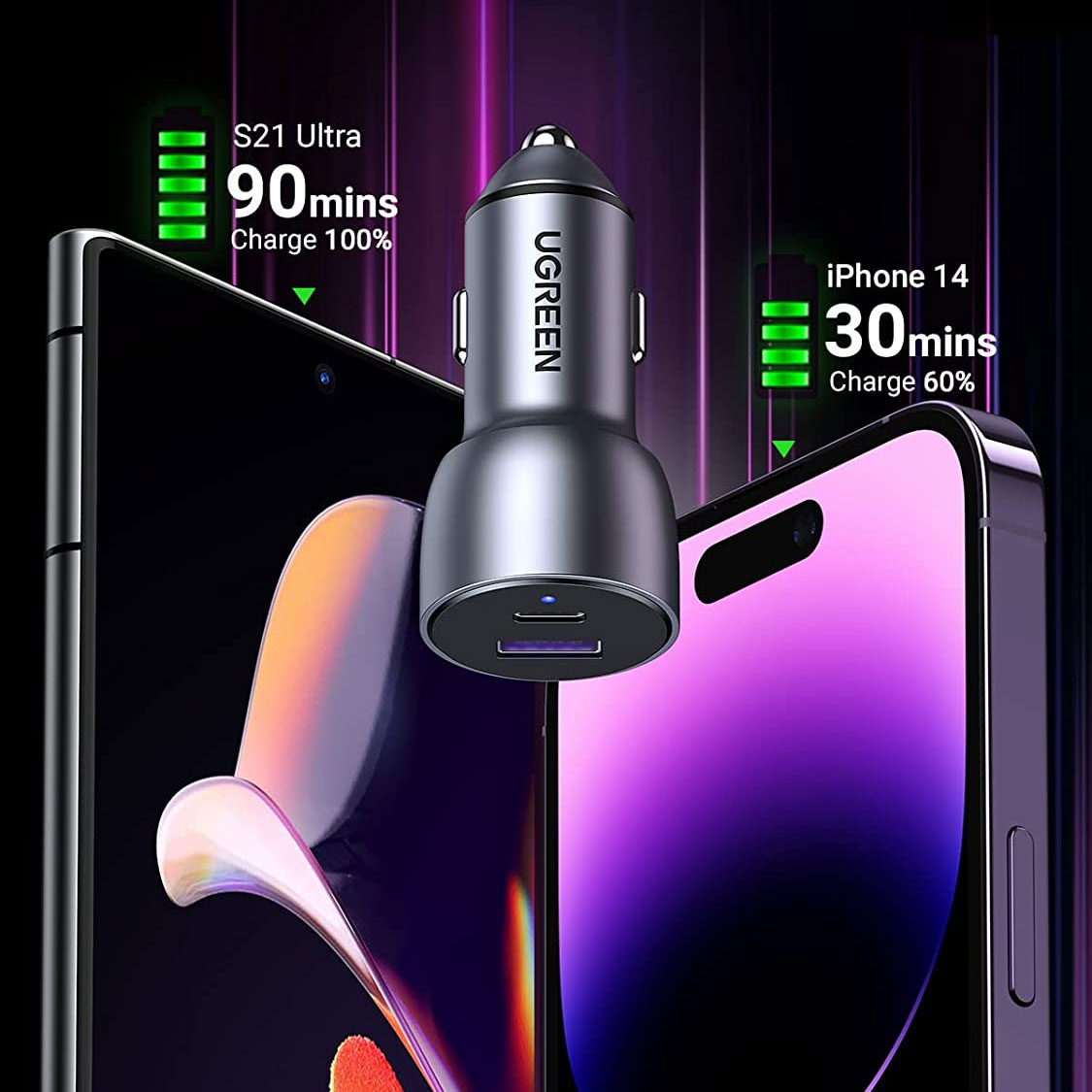 Ultra brzi PD auto punjač 42.5W USB-A i USB-C Ugreen CD213 - detalj