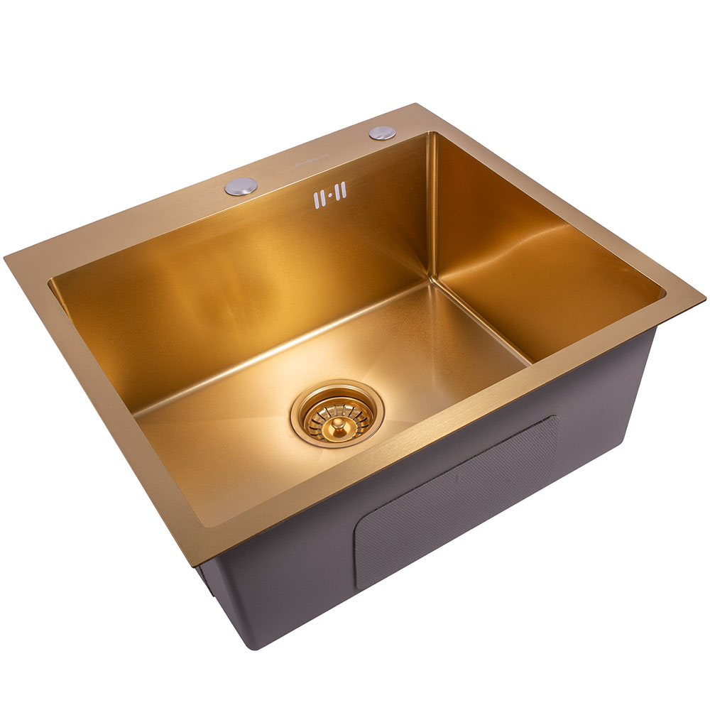 SanDonna HD5550 limena četvrtasta sudopera u zlatnoj boji sa sifonom, dozerom i držačem - detalj