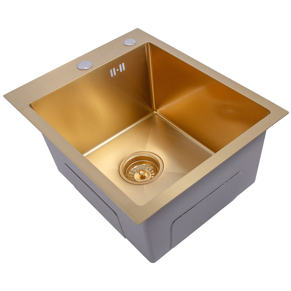 SanDonna HD4050 limena četvrtasta sudopera u zlatnoj boji sa sifonom, dozerom i držačem - detalj