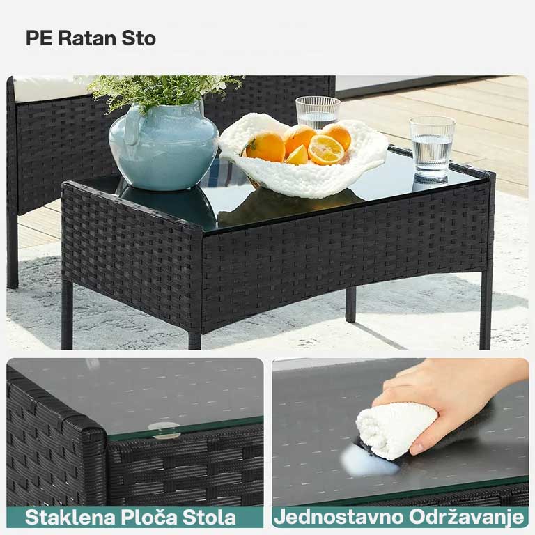 Garnitura Od Ratana Noli - 2 Baštenske Fotelje, Dvosed, Jastuci i Sto Sa Staklom - detalj