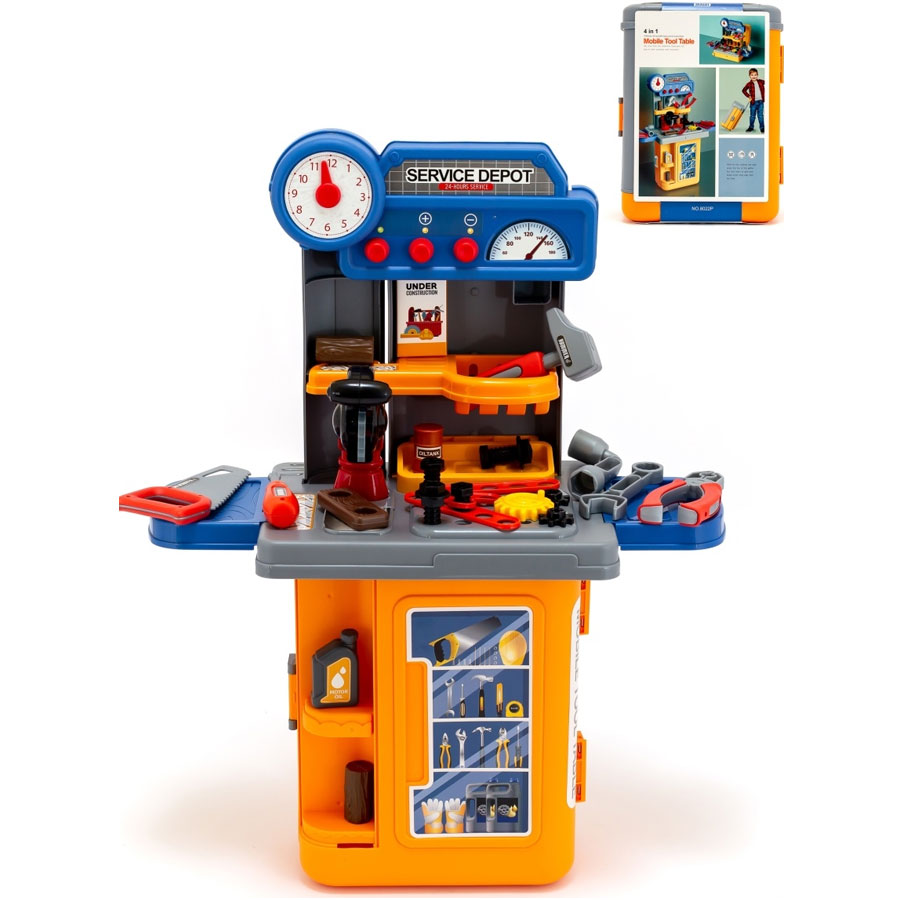 Velika dečija radionica u koferu koja se transformiše u radni sto sa alatom - detalj