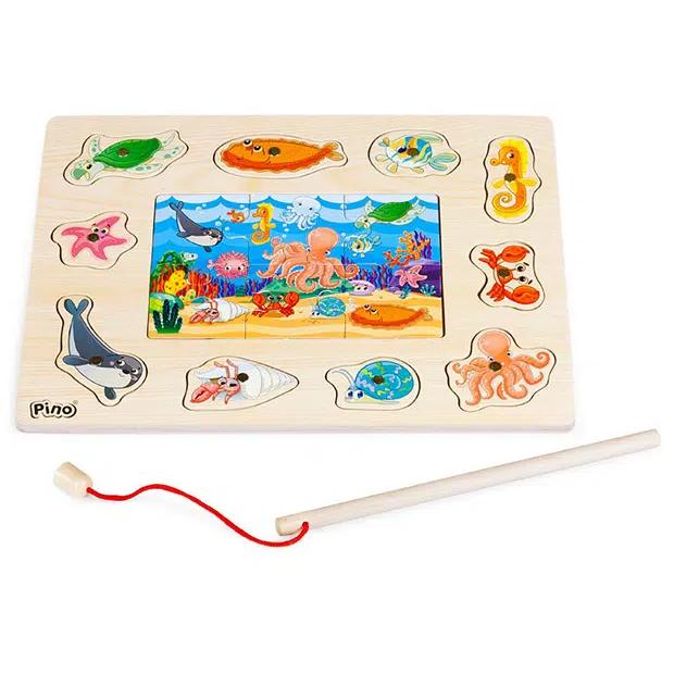 Drvena igračka 3u1 Slagalica umetaljka i igra pecanja PINO 4673 - detalj