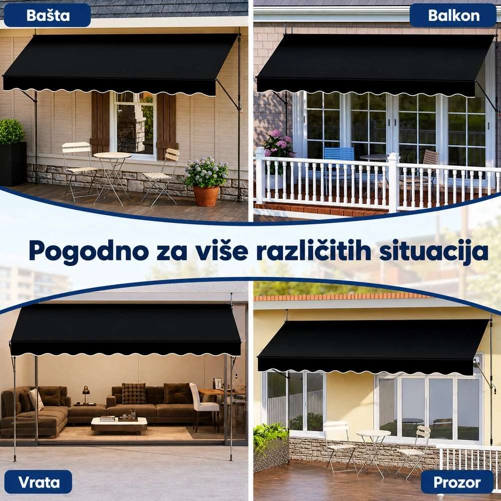 Crna Balkonska Tenda sa Teleskopskim Nosačima 400 x 120 cm Montelux Easy - Bez Bušenja - detalj