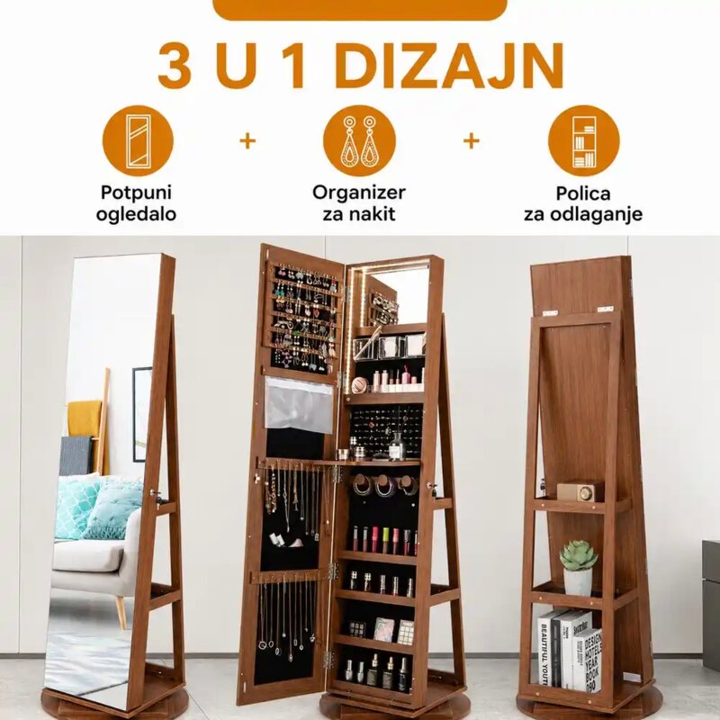 Okretno ogledalo sa ormarićem za nakit, braon - detalj