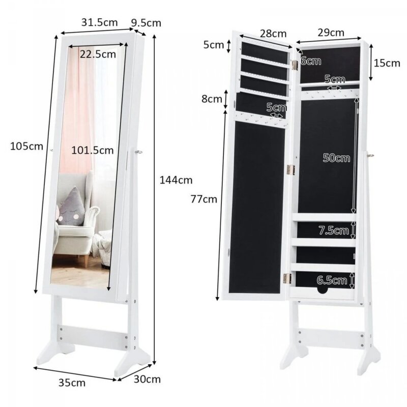 Samostojeći ormar sa ogledalom za nakit 144cm, Beli - detalj