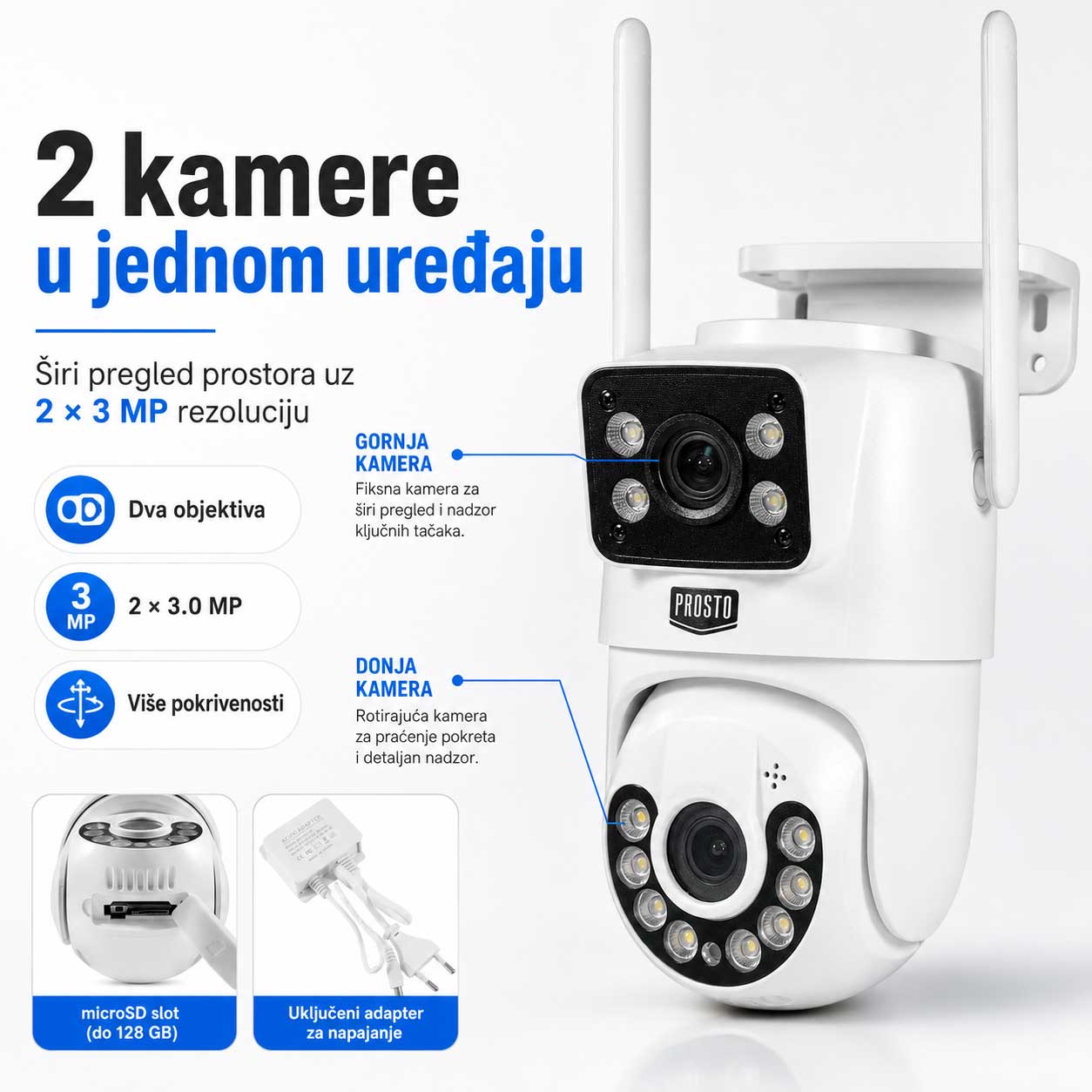 Wi-Fi sigurnosna kamera sa dva objektiva 2×3MP PTZ IR 20 m - detalj