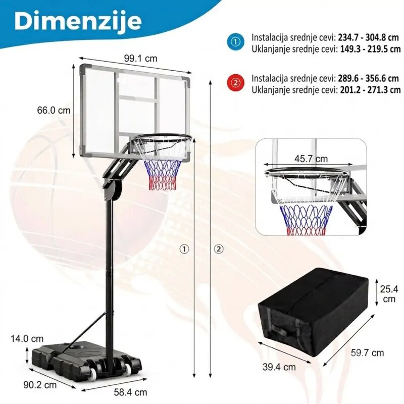 Sportivo košarkaški koš sa podesivom visinom 150-305 cm - detalj