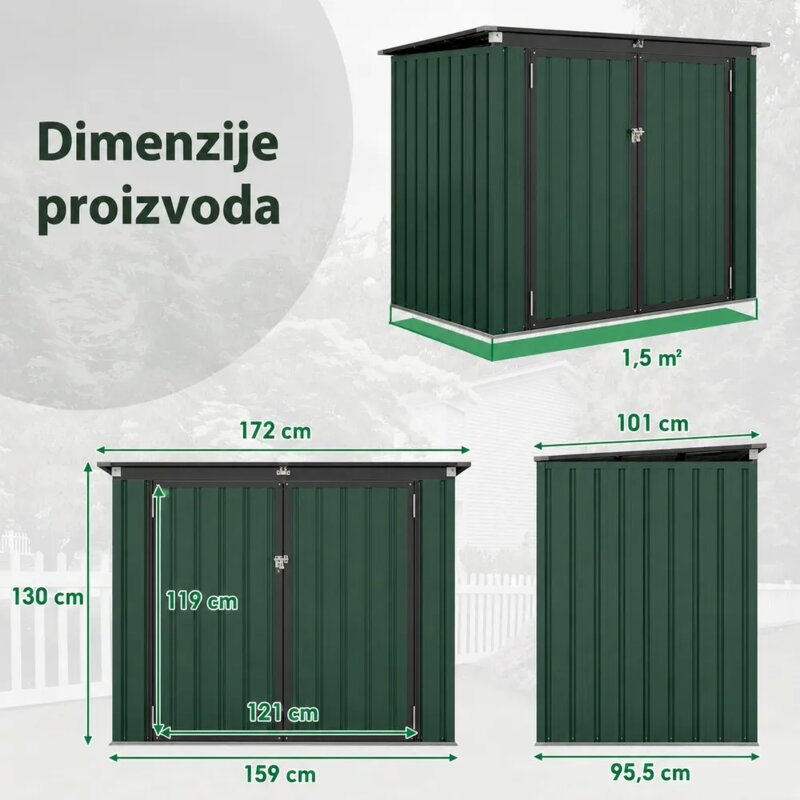 Domaro metalna baštenska kućica za kante za otpatke 172x95x130 cm, zelena - detalj