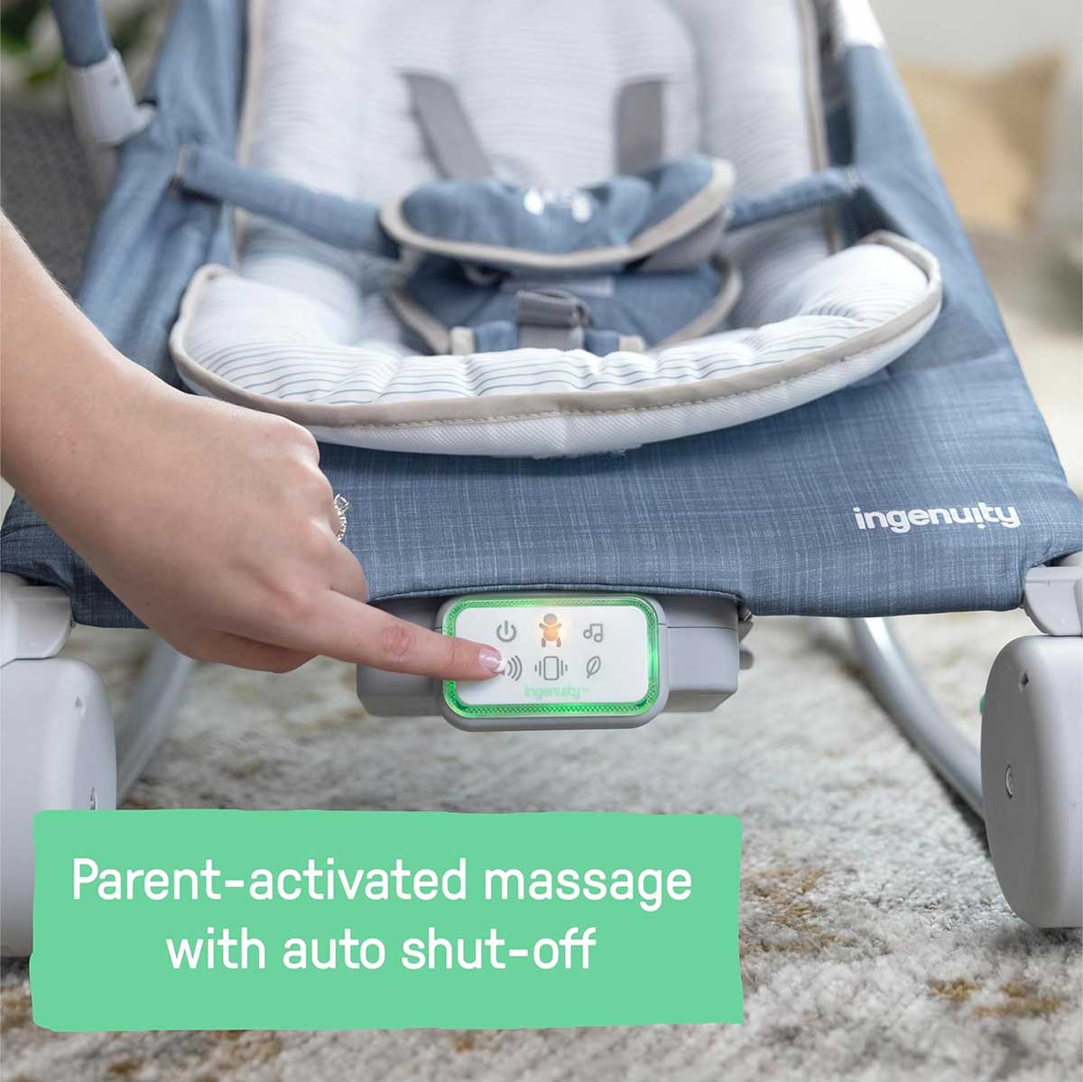 Ingenuity™ Ležaljka za bebe sa vibracijom, melodijama i masažom Happy Belly Chambray 16854 - detalj