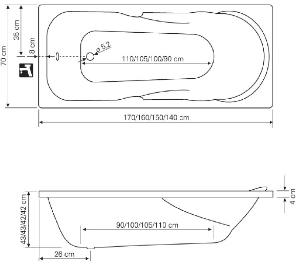 Pravougaona kada Normandia 170x70 - detalj