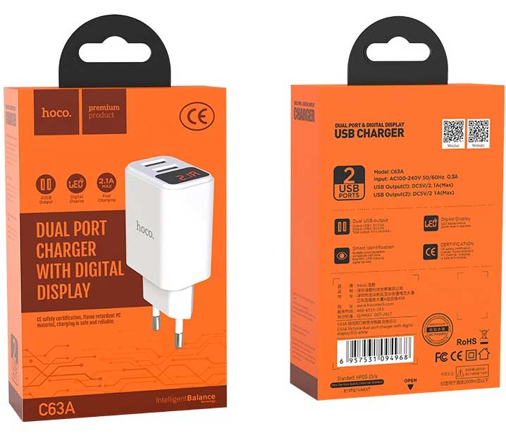 Zidni USB punjač Hoco C63A Victoria dual-port White - detalj