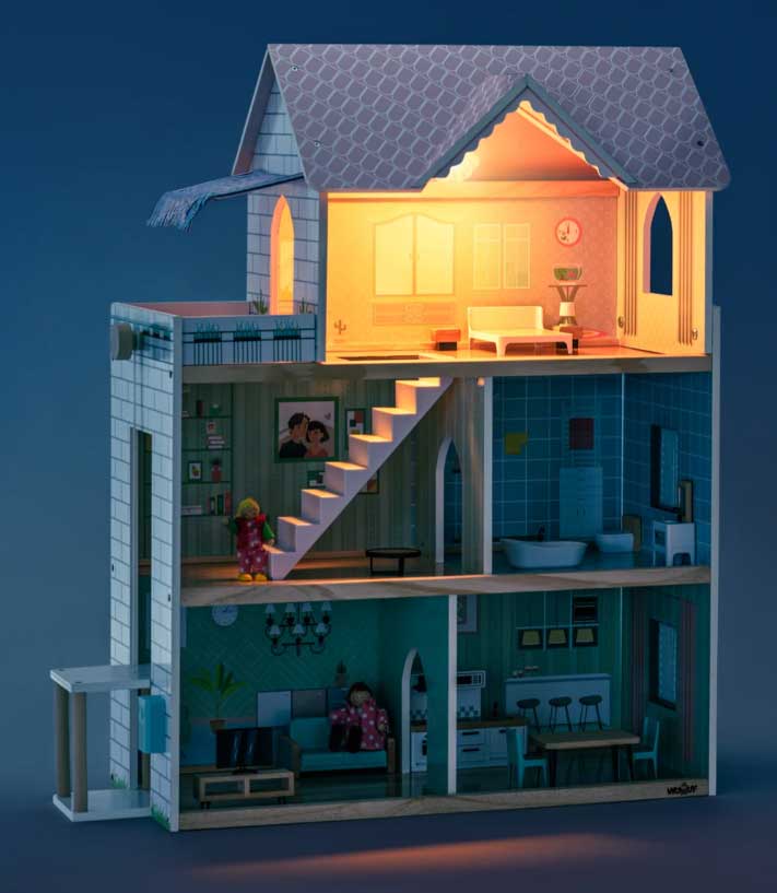 WOODY Drvena kućica za lutke Molly sa lutkicama i nameštajem 91332 - detalj