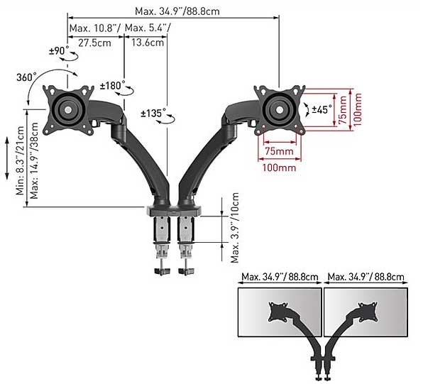 Stoni nosač za dva monitora dijagonale do 29 inča Barkan M142P.B - detalj