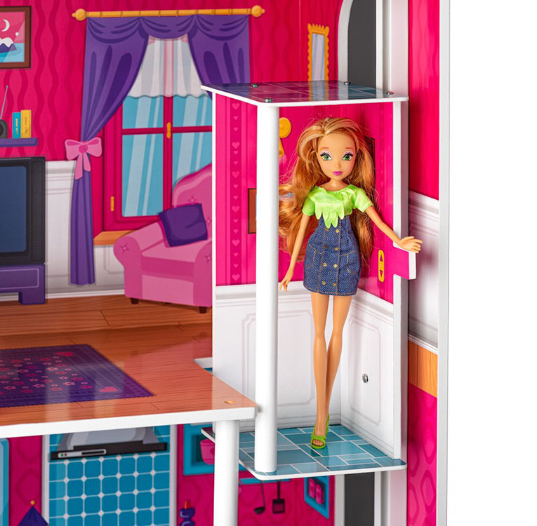 WOODY Kućica za lutke sa liftom i nameštajem 116cm Mirabella  91165 - pogled 4