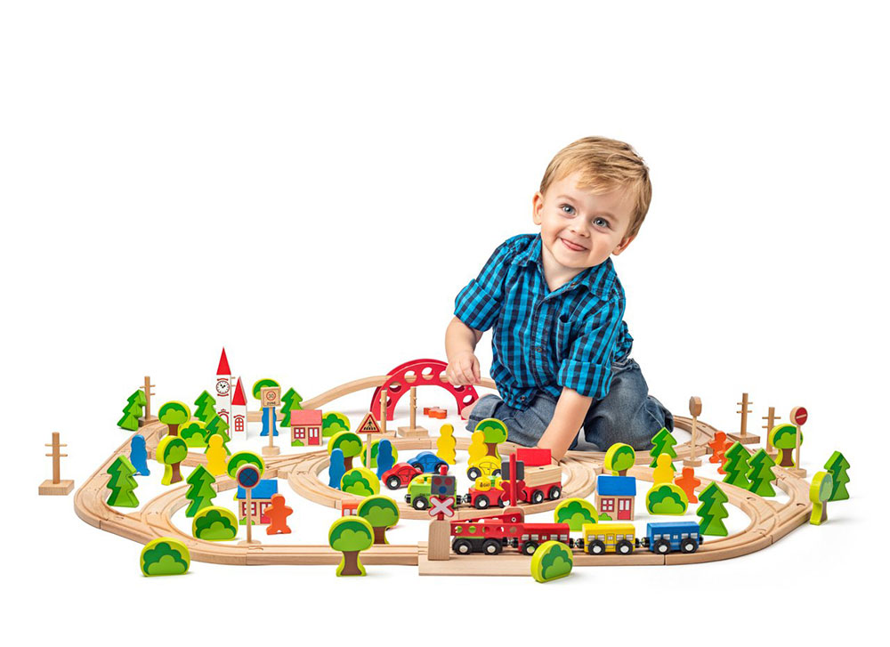 WOODY Velika drvena pruga sa vozovima i dodacima 120 delova Maxi 93063 - pogled 4
