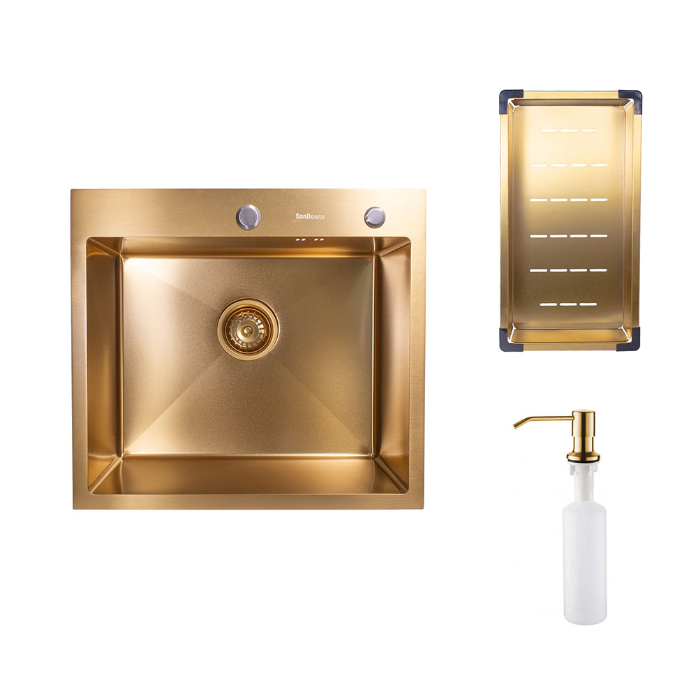 SanDonna HD5550 limena četvrtasta sudopera u zlatnoj boji sa sifonom, dozerom i držačem - pogled 4