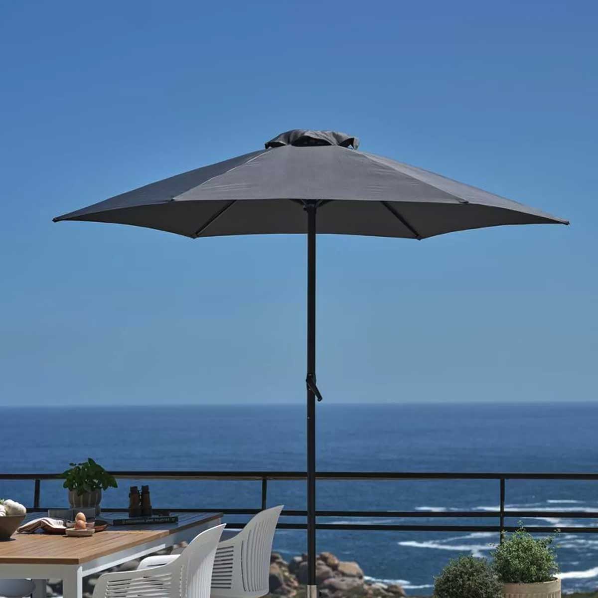 Antracit Baštenski Set Sa Suncobranom, 6 Stolica i Stolom sa Temperiranim Staklom - pogled 4