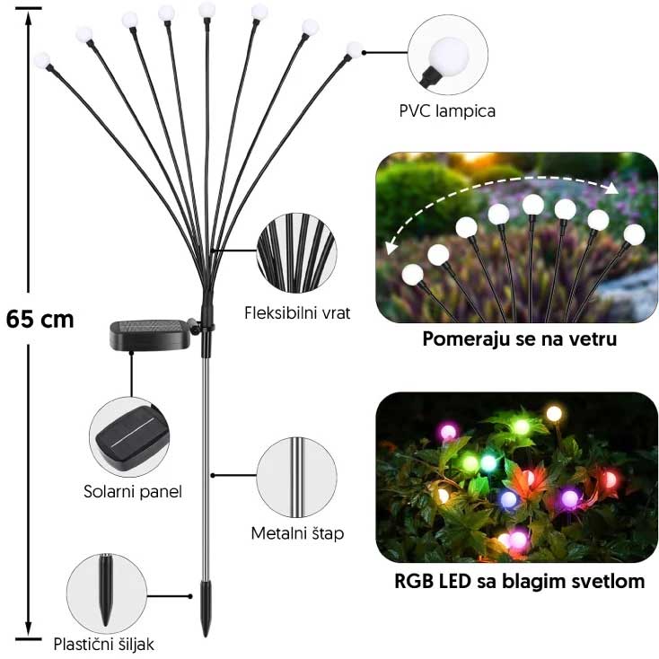 Dve solarne RGB baštenske lampe sa po 8 LED multikolor dioda - pogled 4