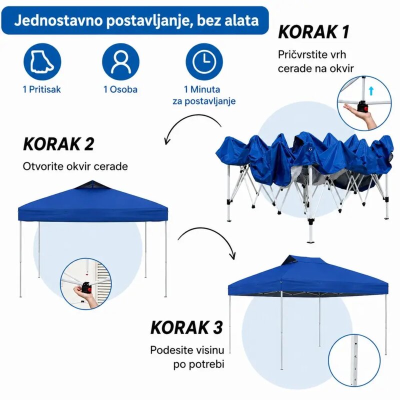Venturo Garden 3x3m Plavi Baštenski Paviljon sa Mehanizmom za Brzo Sklapanje - pogled 4