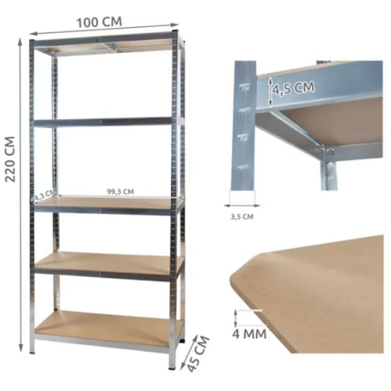 Metalna montažna polica 220x100x45cm, 5 nivoa, nosivost 875kg - pogled 4