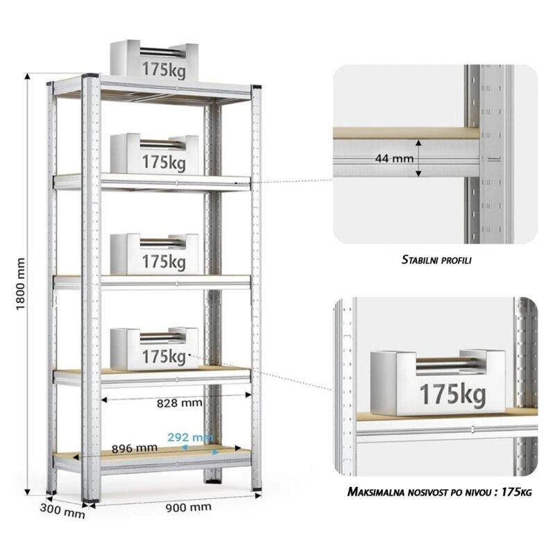 SuperHome Metalna Montažna Polica 180x90x30cm, Nosivost 175kg po Nivou - pogled 4