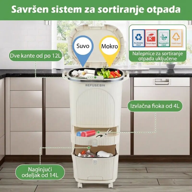 Domaro Kanta za sortiranje otpada 42l sa fiokom i točkićima, bež - pogled 4