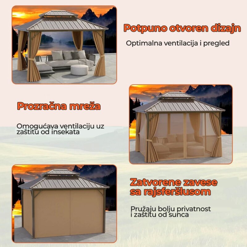 Metalni Baštenski Paviljon LUX sa Zavesama i Mrežom protiv Komaraca 354x294cm - pogled 4