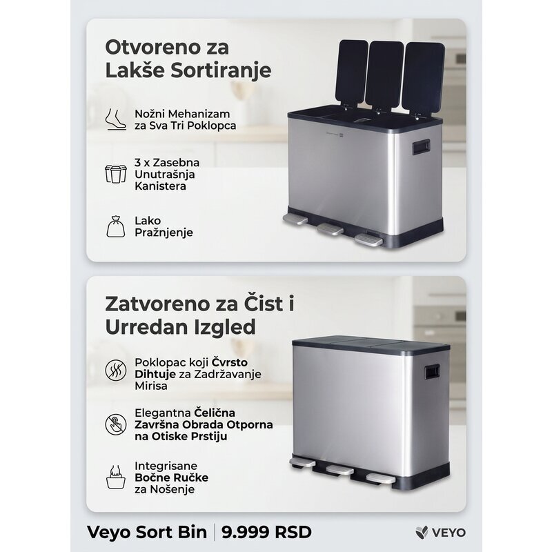 Inox Kanta za Odvajanje (Reciklažu) Otpada 3 Odeljka Po 14 litara - pogled 4