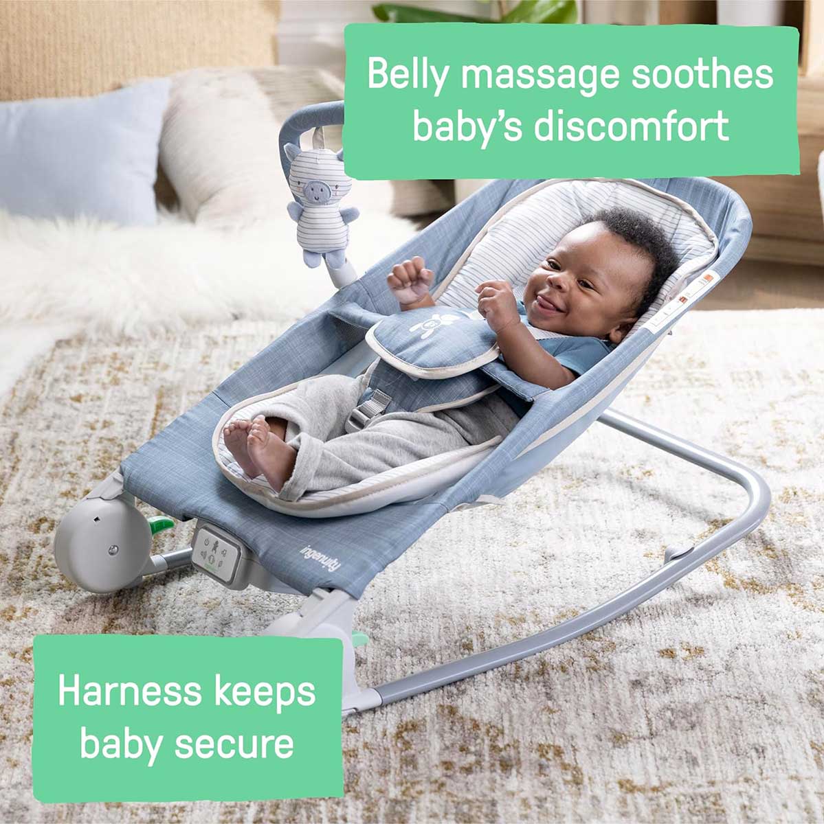 Ingenuity™ Ležaljka za bebe sa vibracijom, melodijama i masažom Happy Belly Chambray 16854 - pogled 4