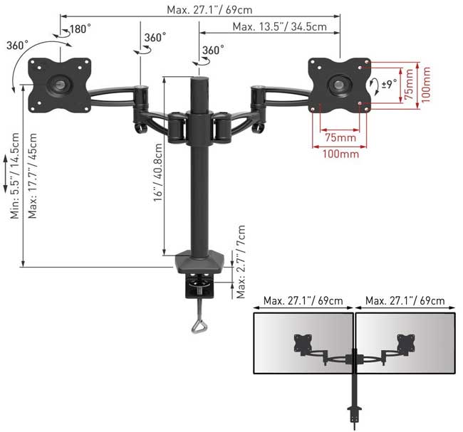 Stoni nosač za dva monitora dijagonale do 29 inča Barkan E642.B - pogled 4