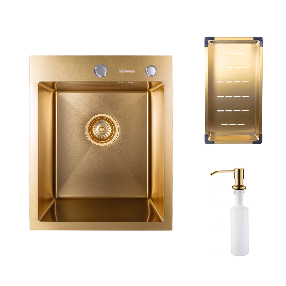 SanDonna HD4050 limena četvrtasta sudopera u zlatnoj boji sa sifonom, dozerom i držačem - pogled 5