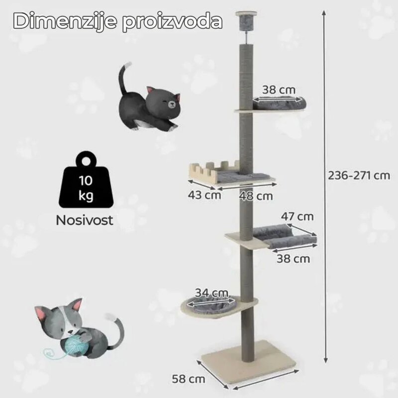 Grebalica za mačke Maca Toranj – penjalica do plafona, podesiva visina 236-271 cm, Siva - pogled 5
