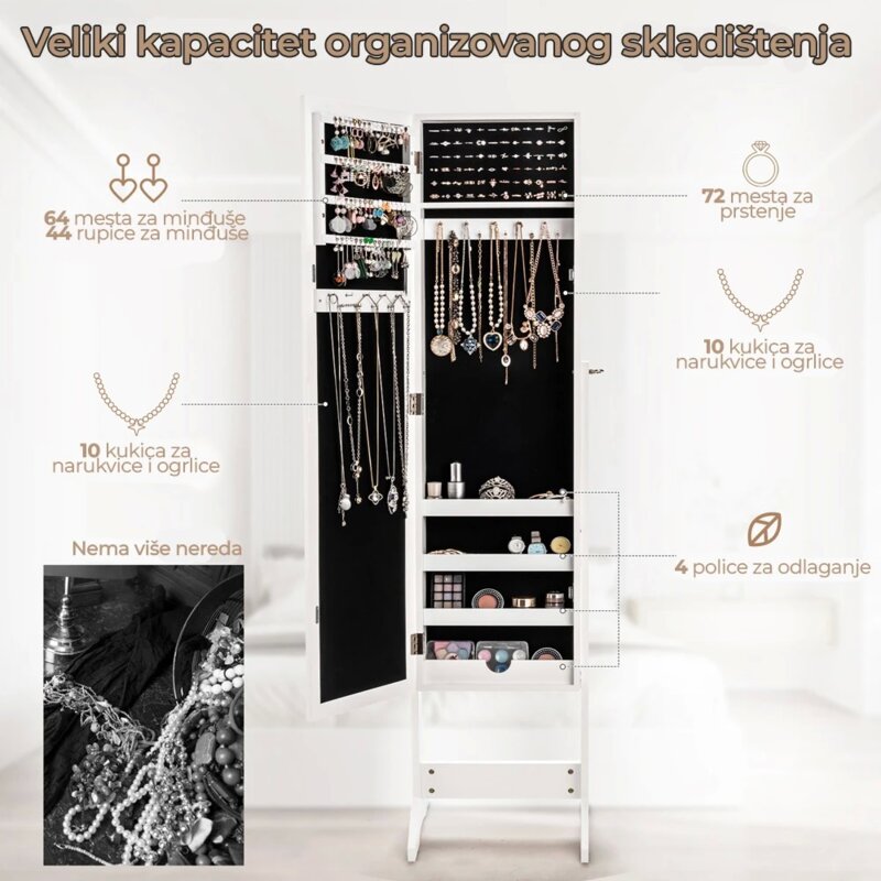 Samostojeći ormar sa ogledalom za nakit 144cm, Beli - pogled 5