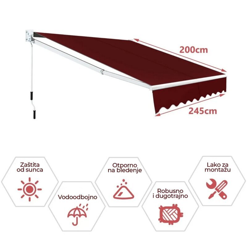 Zidna Tenda sa Podesivim Nagibom 245x200cm, Bordo Montelux Solara - pogled 5