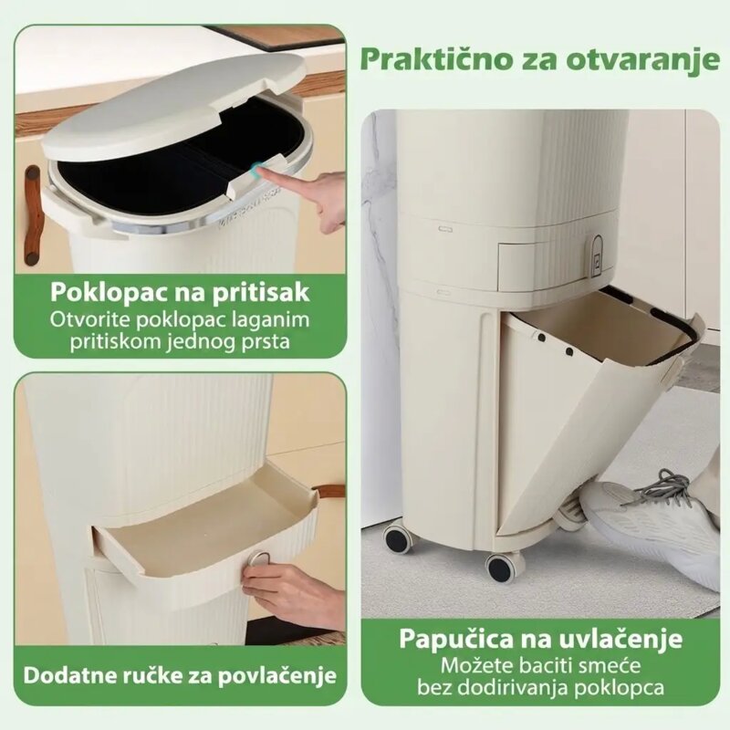 Domaro Kanta za sortiranje otpada 42l sa fiokom i točkićima, bež - pogled 5