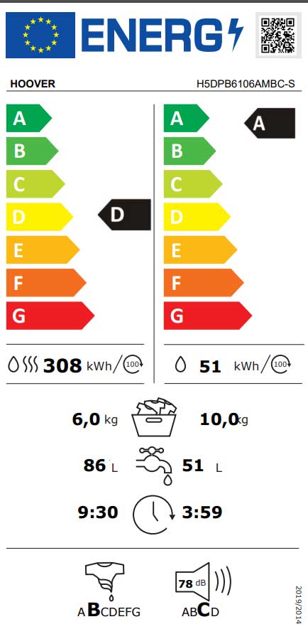 Mašina za pranje i sušenje veša 10/6kg HOOVER Eco Power Inverter H5DPB6106AMBC-S - pogled 5