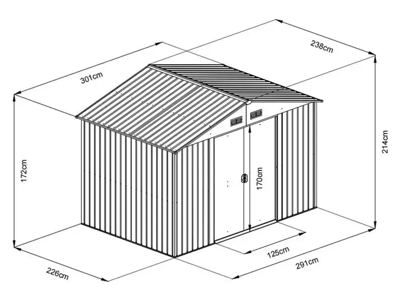 Šematski prikaz metalne baštenske kućice sa dimenzijama