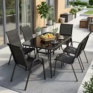 Baštenska Garnitura Fieldmann Magna Black 6 Stolica i Sto Sa Temperiranim Kaljenim Staklom