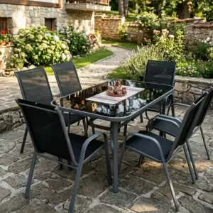 Baštenski Trpezarijski Set Temara 6 Stolica i Sto sa Staklenom Pločom