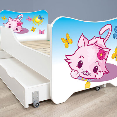 Dečiji krevet sa dušekom, letvicama i fiokom 140x70 cm Little kitty